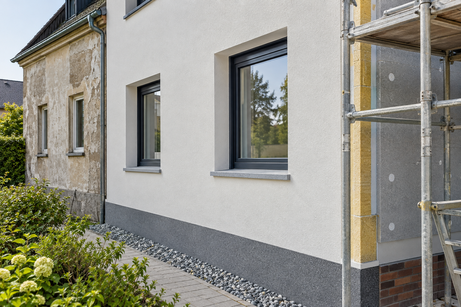Teilweise erneuerte Hausfassade mit neuen Fensterlaibungen, Sockel und Gerüst neben einem älteren Bestand