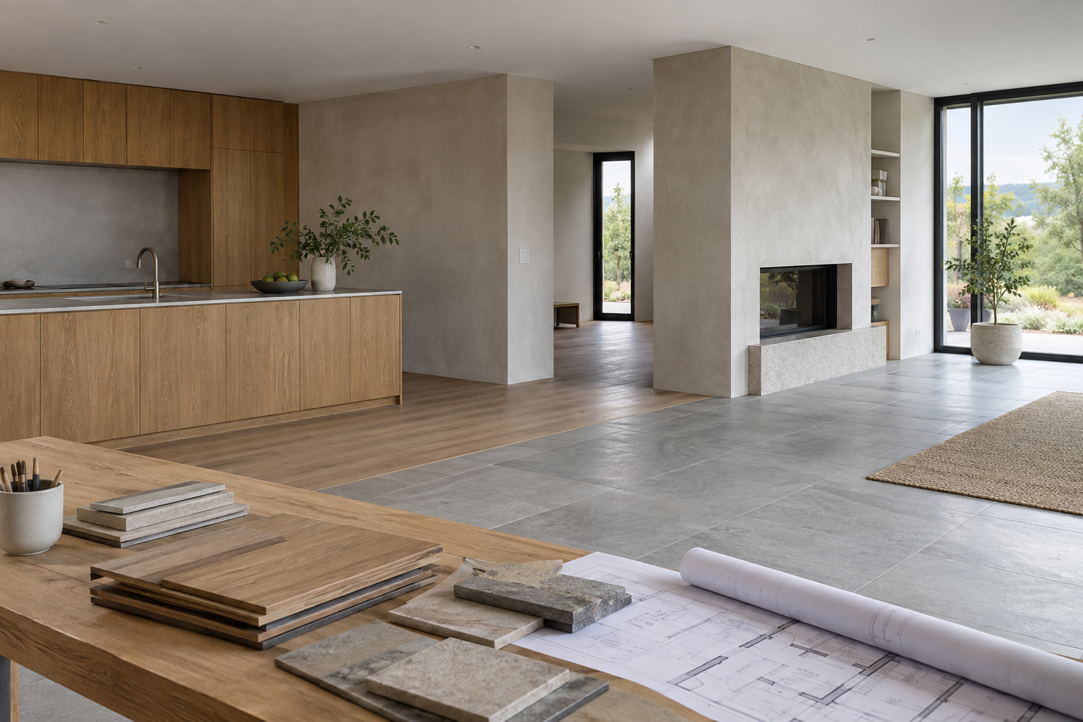 Moderner Innenraum mit Einbaumöbeln, Bodenübergang, Materialmustern und Planunterlagen
