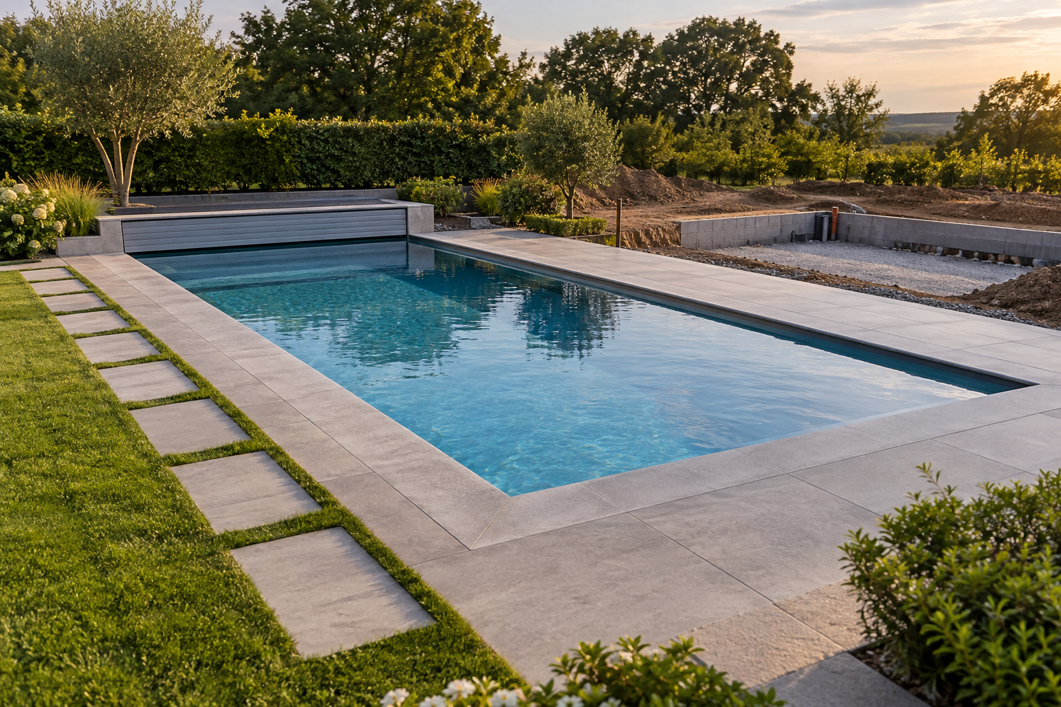 Rechteckiger Gartenpool mit Natursteinumrandung, technischer Abdeckung und vorbereitetem Außenbereich