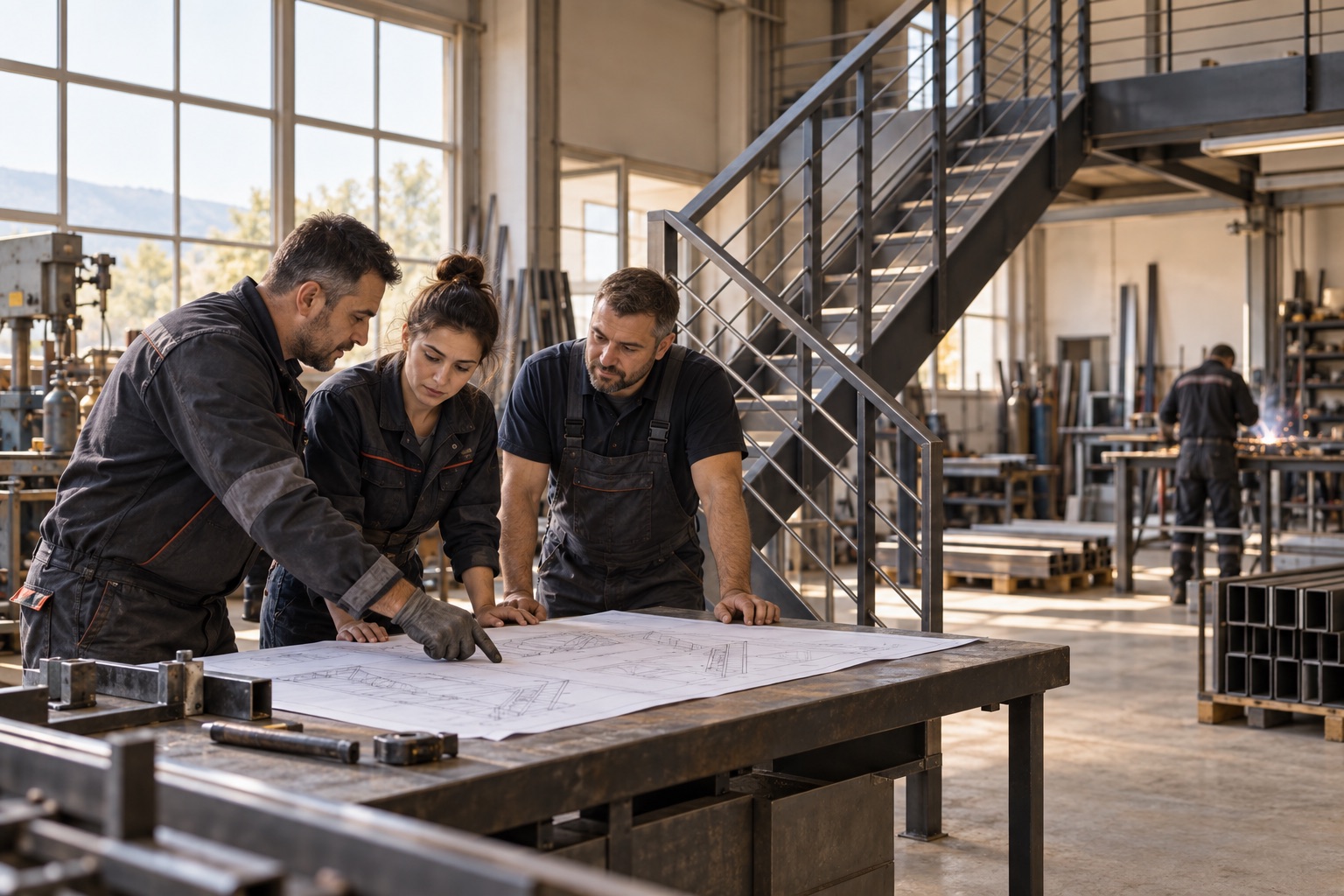 Fachleute in einer Metallbauwerkstatt besprechen eine technische Zeichnung für ein deutsches Projekt