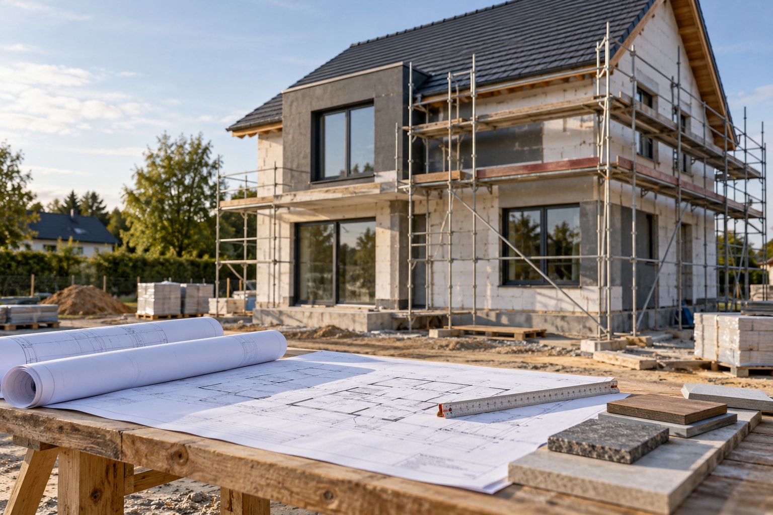 Baupläne und Materialmuster vor einem Wohnhaus im Bau: Gesamtauftrag und einzelne Gewerke planen