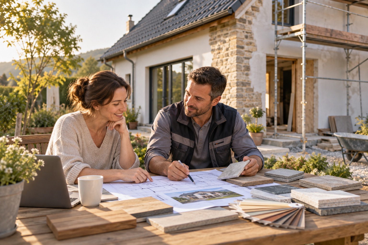 Hausbesitzer besprechen Sanierungspläne und Materialproben mit einem Handwerker vor einem Wohnhaus