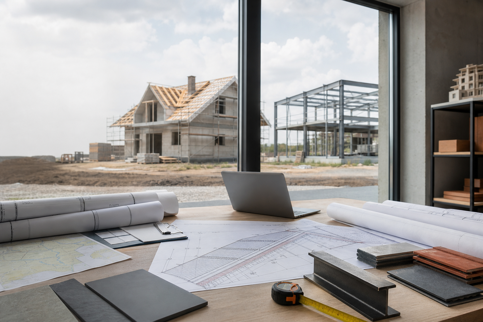 Bauzeichnungen und Materialproben vor einer Baustelle mit Wohnhaus und Stahlbau