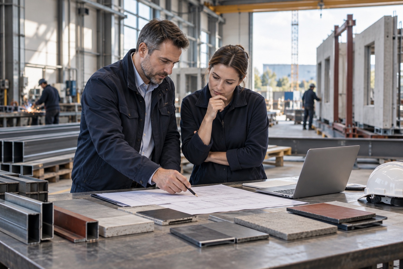 Zwei Projektverantwortliche vergleichen RFQ-Unterlagen und Materialproben in einer europäischen Werkstatt