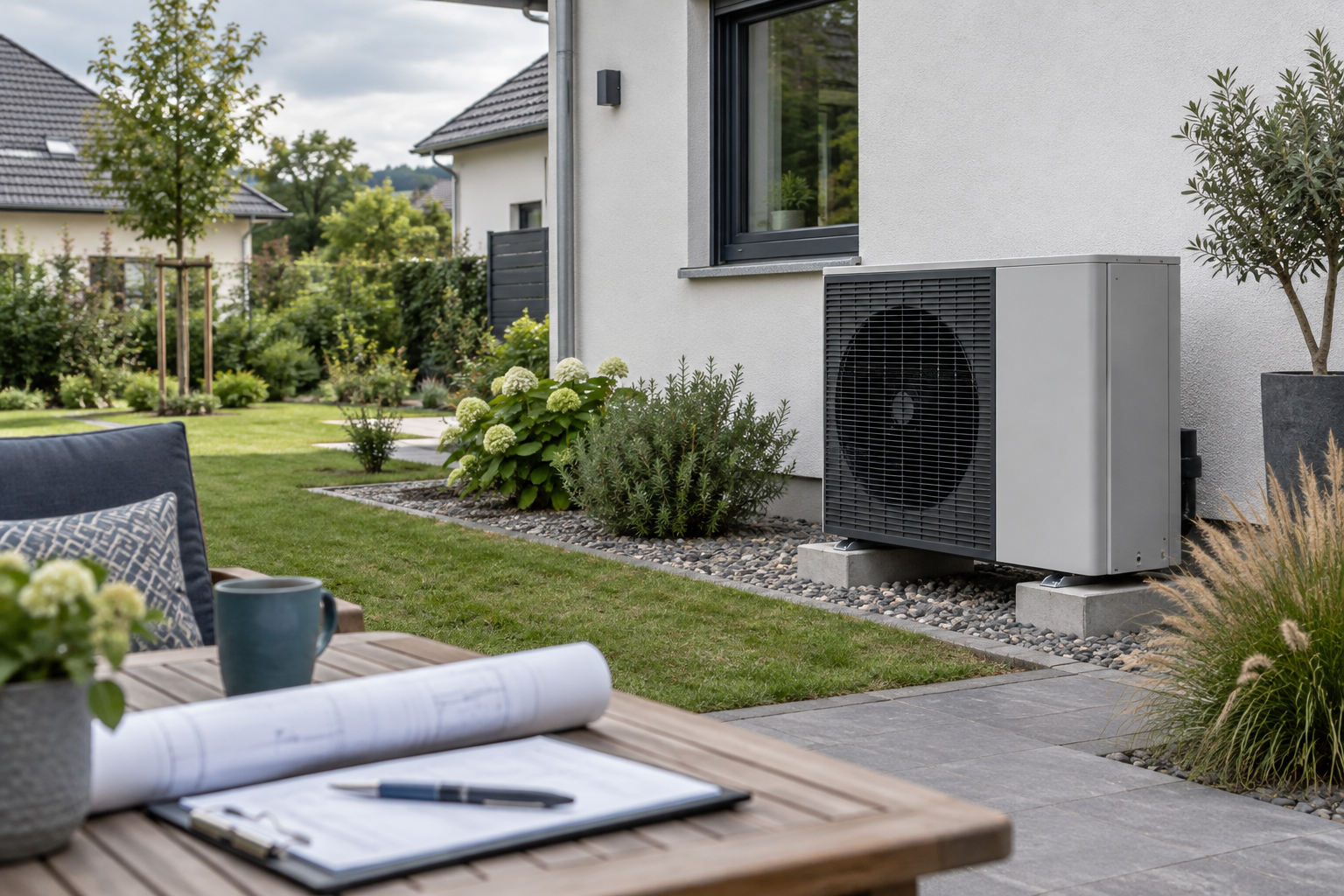 Luft-Wasser-Wärmepumpe an einem Wohnhaus mit Bauplan als Hinweis auf die Bedeutung von Planung und Einbau