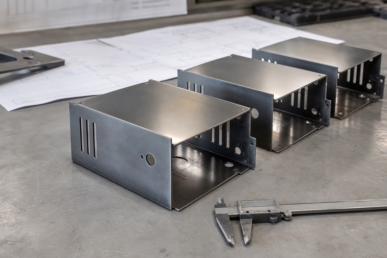 Kleine Serie präzise gekanteter Metallgehäuse neben einem Messschieber
