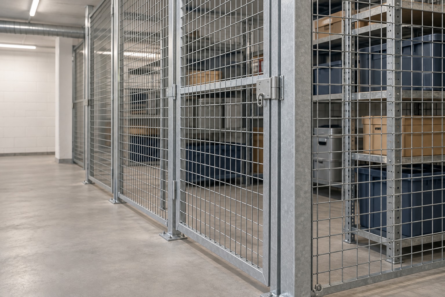 Gittertrennwand aus verzinktem Stahl mit Tür, Stützen und Bodenbefestigung in einem gewerblichen Lagerraum