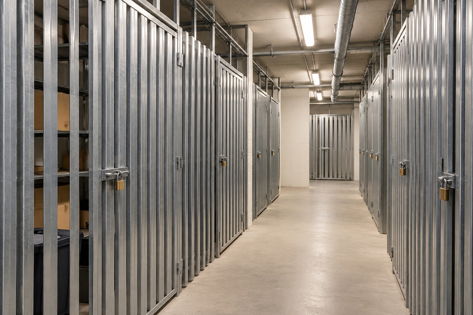 Kellerabteile mit verzinkten Stahllamellen und einzelnen abschließbaren Türen entlang eines freien Kellergangs