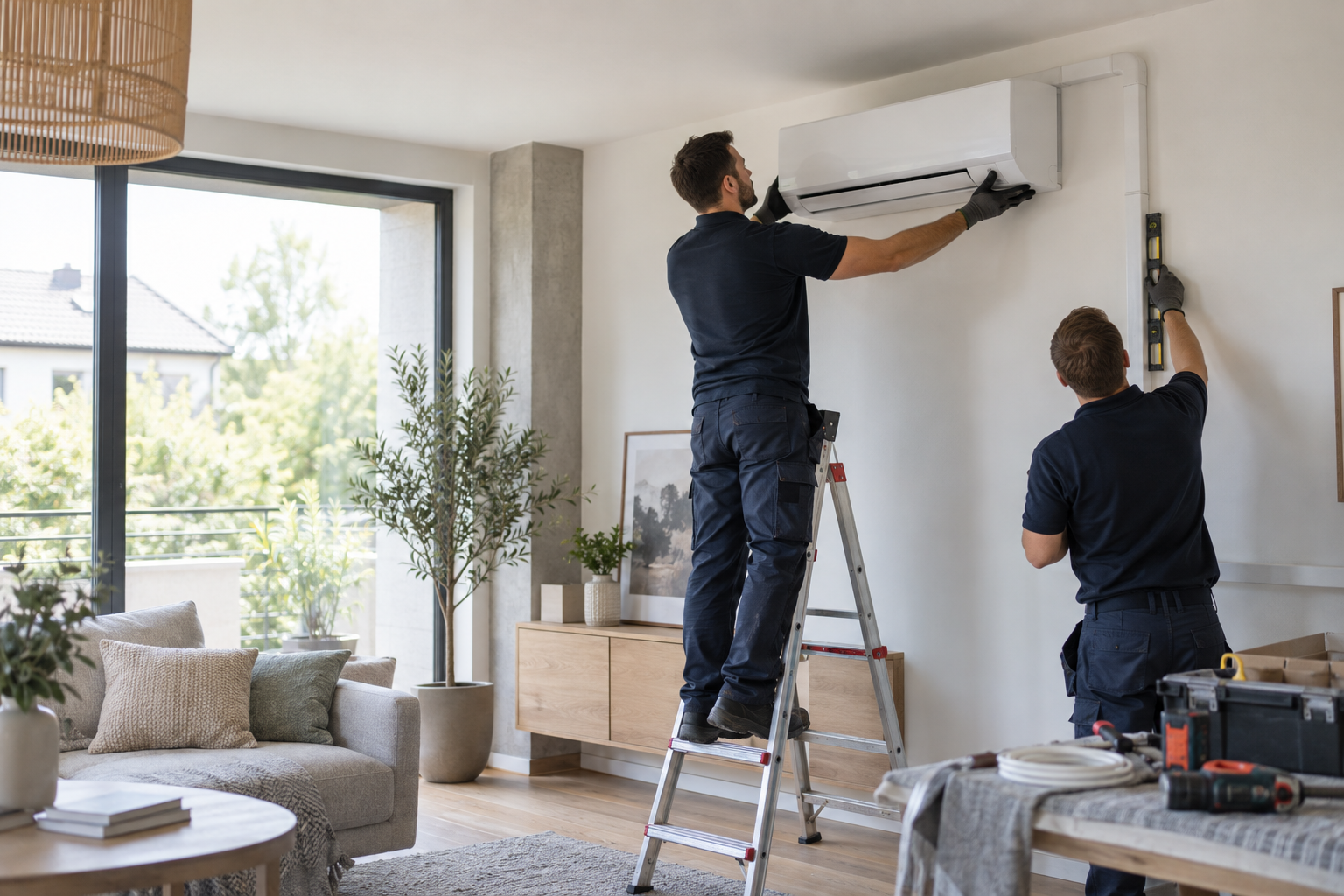 Monteure installieren eine fest montierte Split-Klimaanlage in einer hellen Wohnung