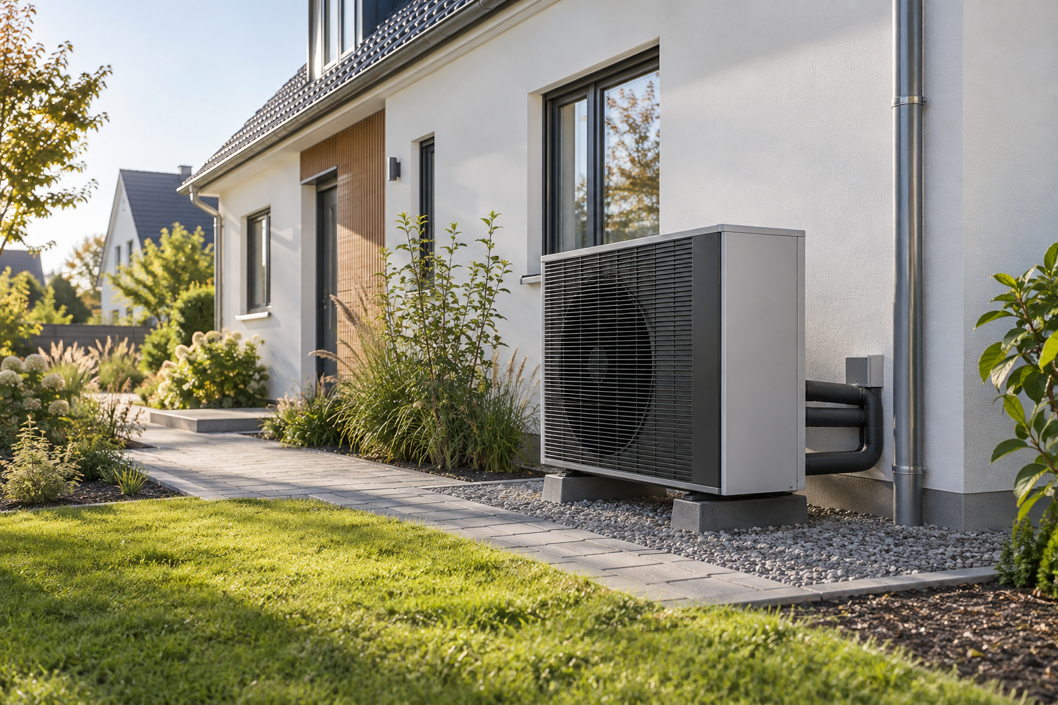 Luft-Wasser-Wärmepumpe an einem modernisierten Wohnhaus mit sichtbarem Leitungsanschluss