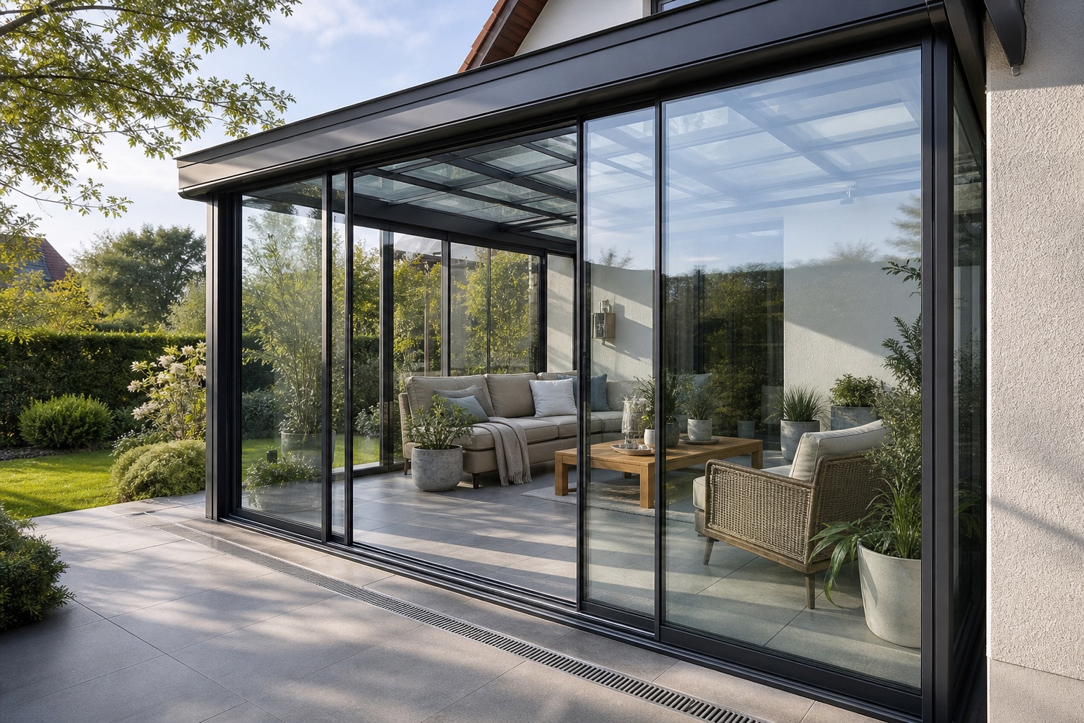 Heller Glasraum mit dunklen Profilen und großen Schiebeelementen an einem Wohnhaus